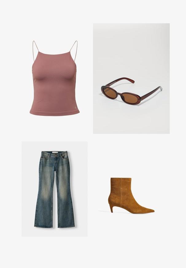 Witte gebreide trui met een V-hals en lange mouwen. Beschikt over een textuur in diamantpatroon en een klein logo op de linkerborst.; Camisole top met dunne bandjes, in een zachte mauve kleur, met een aansluitend ontwerp en een gladde textuur. Logo accent aan de onderzijde rechts.; Blauwe uitlopende spijkerbroek met een vervaagde wassing, vijf zakken en een knoopsluiting. Het materiaal heeft een denim textuur met subtiele stikseldetails.; Bordeaux suède enkellaarsjes met een spitse neus en een lage kittenhak. Het ontwerp heeft een gladde textuur en een naadloze bovenkant.; Ronde, bruin getinte zonnebril met een glanzend bordeauxrood frame. Slanke pootjes met subtiele merkdetails. Vlakke lensontwerp.; Bruine suède hobo tas met een slouchy vorm, voorzien van een gebogen handvat en driehoekige paneeldetails aan de voor- en achterkant.