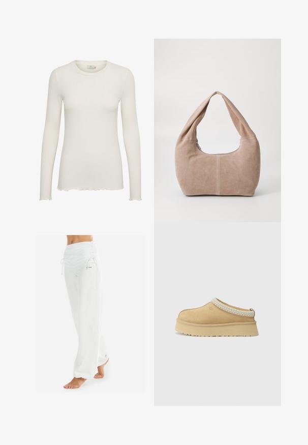 White knitted sweater with a v-neck and long sleeves. Features a textured diamond pattern and a small logo on the left chest.; White long-sleeve ribbed top with a round neckline and frayed hem. Made of soft fabric with a fitted design, suitable for layering.; White, loose-fitting pants with a gathered waistband and drawstring. Smooth texture with side seams, designed for comfort and mobility.; Tan suede slip-on shoe with a padded collar and textured light blue accent. Features a thick, durable outsole with a patterned tread.; Hobo bag made of soft, suede material in a light beige color. Features a rounded shape with a wide strap and zip closure.