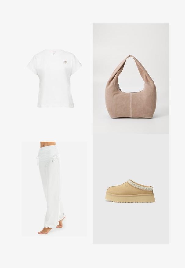 Biały sweter dzianinowy z dekoltem w serek i długimi rękawami. Posiada strukturalny wzór w romby oraz małe logo na lewej piersi.; Biała bawełniana koszulka z krótkim rękawem, okrągłym dekoltem i małym kolorowym haftem kwiatowym po lewej stronie klatki piersiowej. Prosty i klasyczny design.; Białe, luźne spodnie z marszczonym pasem i sznurkiem. Gładka tekstura z bocznymi szwami, zaprojektowane dla komfortu i swobody ruchów.; Sandały slip-on w kolorze tan z wyściełanym kołnierzem i teksturowanym, jasnoniebieskim akcentem. Posiadają grubą, trwałą podeszwę z wzorzystym bieżnikiem.; Torebka typu hobo wykonana z miękkiego, zamszowego materiału w jasnym beżowym kolorze. Charakteryzuje się zaokrąglonym kształtem, szerokim paskiem oraz zapięciem na zamek.