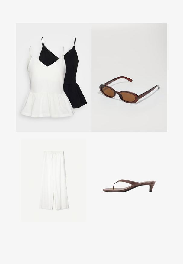 Vitt stickat tröja med V-hals och långa ärmar. Har ett strukturerat diamantmönster och en liten logotyp på vänster bröst.; Två ärmlösa peplumtopp, en i vitt och en i svart. Båda har en V-ringad design och tunna axelband.; Vita vida byxor med dragsko i midjan, visade mot en enkel bakgrund, vilket betonar deras avslappnade stil och tygtextur.; Bruna klackflip-flopsandaler med en smal rem och rund tåpost, med en liten guldaccent på fotbädden.; Runda, bruntonade solglasögon med en glansig bordeauxfärgad ram. Smala bågar med subtilt varumärkesdetalj. Platt linsdesign.; Brun mockaskinn hobo-väska med en avslappnad form, som har ett böjt handtag upptill och triangulära paneldetaljer på framsidan och baksidan.