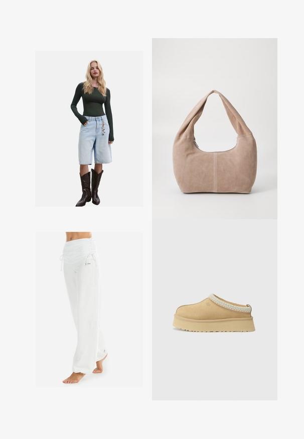 Bijela pletiva dukserica s V-izrezom i dugim rukavima. Ima teksturirani dijamantni uzorak i mali logotip na lijevoj strani prsnog koša.; Tamnoplav dugi rukav majica u kombinaciji sa svijetloplavim traper bermuda šortsevima i smešnim kaubojskim čizmama, sa dekorativnim privjeskom na šortsevima.; Bijele, široke hlače s gumom u struku i vezicom. Glatka tekstura s bočnim šavovima, dizajnirane za udobnost i pokretljivost.; Svi trsno bež slip-on cipele s podstavljenim ovratnikom i teksturiranim svijetloplavi akcentom. Ima debeo, izdržljiv potplat s uzorkom.; Torba tipa hobo napravljena od mekog, zamjenskog materijala u svijetloj bež boji. Ima zaobljen oblik, široku naramenicu i zatvaranje na zip.