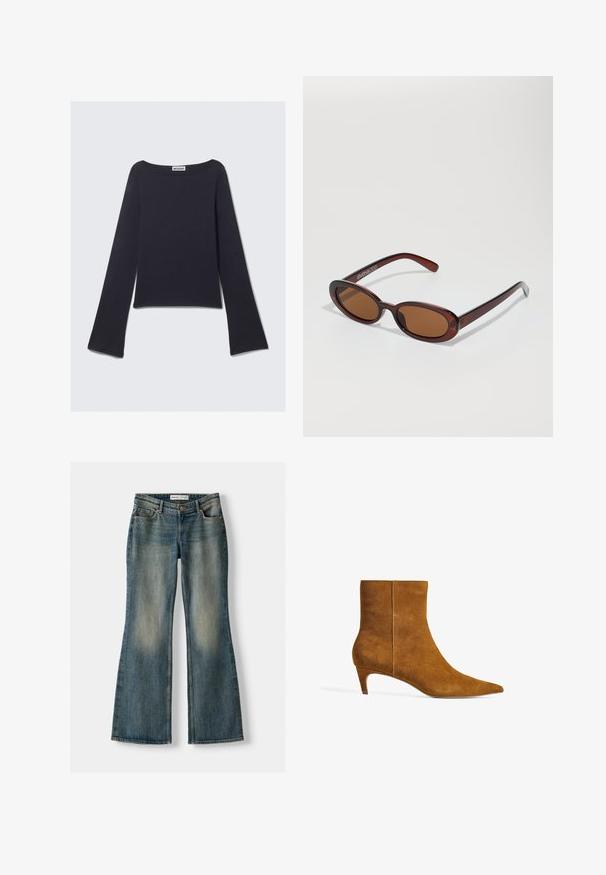 Biely pletený sveter s výstrihom do V a dlhými rukávmi. Má štruktúrovaný diamantový vzor a malú nášivku na ľavej hrudi.; Tmavomodrý dlhý rukáv s širokým výstrihom a zvonovými rukávmi. Vyrobený z hladkej textílie, má priliehavý strih a minimalistický dizajn.; Modré vyšívané džínsy s vyblednutým vzhľadom, piatimi vreckami a zapínaním na gombík. Materiál zobrazuje denimovú textúru s jemnými švovými detailmi.; Hnedé semišové členkové topánky s špicatou špičkou a nízkým, kitten podpätkom. Dizajn má hladkú textúru a bezšvový zvršok.; Okrúhle slnečné okuliare s hnedým nádychom a lesklým burgundským rámom. Úzke ramená s jemným brandovaním. Plochej šošovky dizajn.; Hnedá semišová hobo taška so splývavým tvarom, vybavená zakrivenou hornou rukoväťou a trojúhelníkovými panelmi na prednej a zadnej strane.