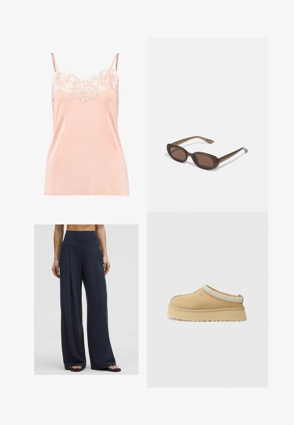 White knitted sweater with a v-neck and long sleeves. Features a textured diamond pattern and a small logo on the left chest.; Peach camisole with adjustable straps, featuring a lace trim across the neckline. Smooth fabric, soft texture, and a relaxed fit.; A woman stands wearing high-waisted, wide-leg dark pants paired with sandals, showcasing a comfortable, casual style.; Tan suede slip-on shoe with a padded collar and textured light blue accent. Features a thick, durable outsole with a patterned tread.; Brown oval sunglasses with dark lenses. Frame has a transparent brown material and features a logo printed on the temples.; Woven beige tote bag with a slouchy design and a single shoulder strap. Features a textured pattern throughout the surface.