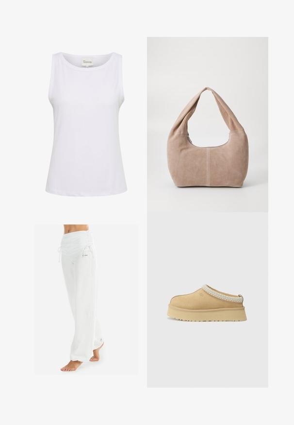 Witte gebreide trui met een V-hals en lange mouwen. Beschikt over een textuur in diamantpatroon en een klein logo op de linkerborst.; Witte mouwloze top van ribbelstof, met een ronde halslijn en een iets relaxte pasvorm. Label met "MY ESSENTIAL WARDROBE," maat M.; Witte, losse broek met een gerimpelde tailleband en trekkoord. Glad textuur met zijnaad, ontworpen voor comfort en beweging.; Tan suède instapschoen met een gevoerd kraagje en een gestructureerde lichtblauwe accent. Voorzien van een dikke, duurzame buitenzool met een patroon in de loop.; Hobo-tas gemaakt van zacht, suède materiaal in een lichtbeige kleur. Heeft een ronde vorm met een brede schouderband en een ritssluiting.