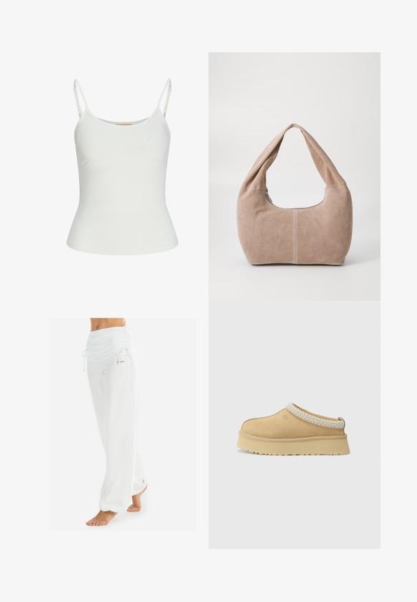 Maglione bianco lavorato a maglia con scollatura a V e maniche lunghe. Presenta un motivo a diamante testurizzato e un piccolo logo sul lato sinistro del petto.; Top bianco senza maniche con spalline regolabili, design aderente, tessuto liscio e scollo rotondo. Nessun motivo o dettagli in metallo.; Pantaloni bianchi larghi con vita arricciata e cordoncino. Tessuto morbido con cuciture laterali, progettati per comfort e mobilità.; Scarpa slip-on in suede color sabbia con colletto imbottito e accento in tessuto blu chiaro testurizzato. Presenta una suola spessa e resistente con battistrada decorato.; Borse hobo realizzata in morbido materiale scamosciato di colore beige chiaro. Caratterizzata da una forma arrotondata con una tracolla ampia e chiusura con zip.