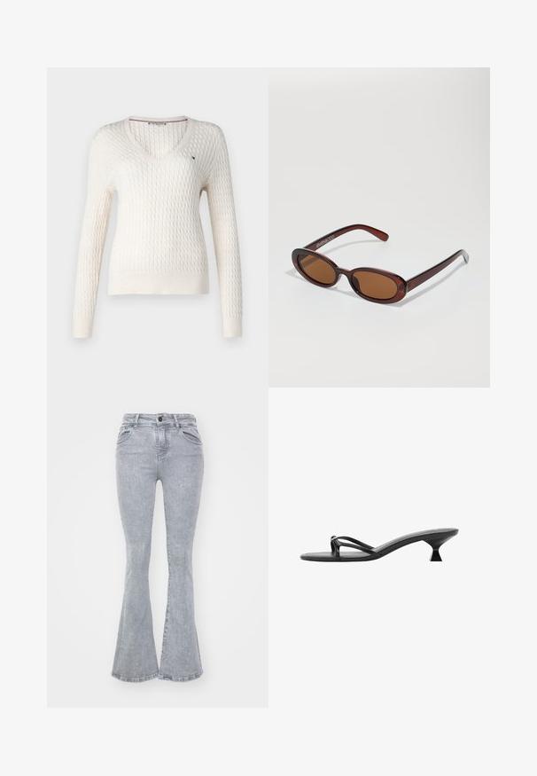 Bela pletena jopica z V-izrezom in dolgimi rokavi. Ima strukturiran rombast vzorec in majhen logo na levem prsnem delu.; Sivi razširjeni kavbojke iz denima z gladko teksturo, z visokim pasom, petimi žepi in gumbnim zapiranjem.; Črne sandale na visoki peti z eleganco, tankimi trakci in edinstveno tristransko peto. Gladka tekstura z minimalističnim videzom.; Okrogle, rjavo obarvane sončne naočare z sijočim burgundskim okvirjem. Tanek nosilec s subtilnim logotipom. Oblika leč je ravna.; Rjava nubuck torba hobo z mehkim oblikom, ki ima ukrivljen zgornji ročaj in trikotne panelne detajle spredaj in zadaj.