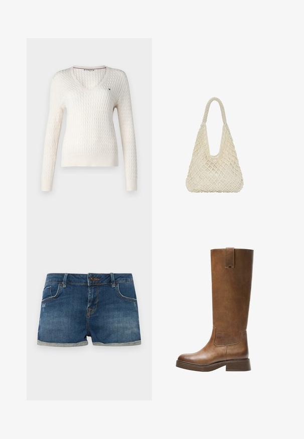 Fehér, kötött pulcsi V nyakkal és hosszú ujjal. Szegett gyémánt mintázattal és egy kis logóval a bal mellrészen.; Farmernadrág rövidnadrág, sötétkék mosás, öt zsebes kialakítás, felgöngyölt szárak, egy gombos zárás, kontrasztos varrás, enyhe kifakulás az anyag textúráján.; Barna bőr, térd fölé érő csizma kerek orral, texturált felülettel és alacsony, stakolt sarokkal. Oldalsó panel és húzóhurok található a tetején.; Krém színű, szőtt kézitáska, gyémántmintával, puha textúrával és hurkos fogantyúval, laza hobo formával.