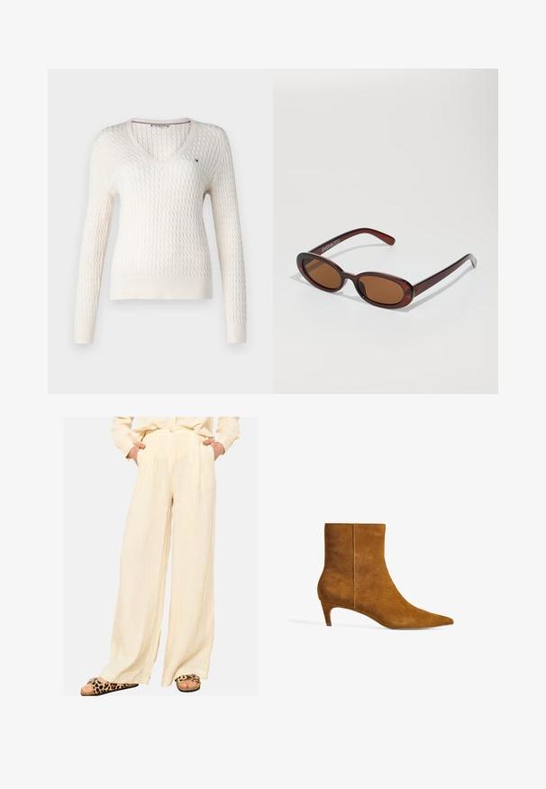 White knitted sweater with a v-neck and long sleeves. Features a textured diamond pattern and a small logo on the left chest.; Linen wide-leg pants in light beige with pleats at the front, worn with leopard print slide sandals, featuring a loose, flowing design.; Brown suede ankle boot with a pointed toe and a low, kitten heel. The design features a smooth texture and a seamless upper.; Round, brown-tinted sunglasses with a glossy burgundy frame. Slim arms with subtle branding detail. Flat lens design.; Brown suede hobo bag with a slouchy shape, featuring a curved top handle and triangular panel details on the front and back.