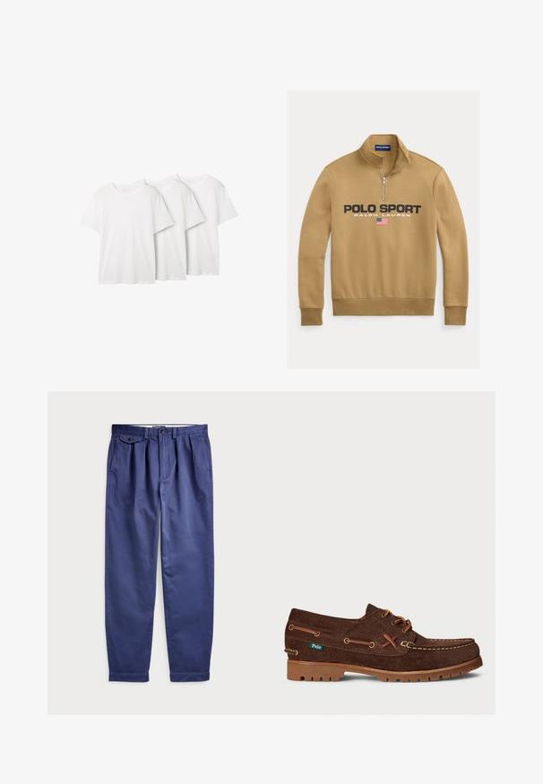 Oranžová mikina na zip vyrobená z měkkého materiálu, s výrazným černým nápisem "POLO SPORT" a "RALPH LAUREN" s akcentem americké vlajky.; Tři hladké bílé trička s kulatým výstřihem vyrobená z bavlny. Krátké rukávy s volným střihem. Každé má štítek na výstřihu. Bez vzorů či akcentů.; Námořnické bavlněné kalhoty s volným střihem, s nařasením v přední části, dvěma bočními kapsami a knoflíkovým zapínáním v pase.; Hnědé nubukové kožené člunové boty s hnědými tkaničkami, kontrastním stehem, gumovou podrážkou a malou zelenou štítkovou značkou Polo po straně.