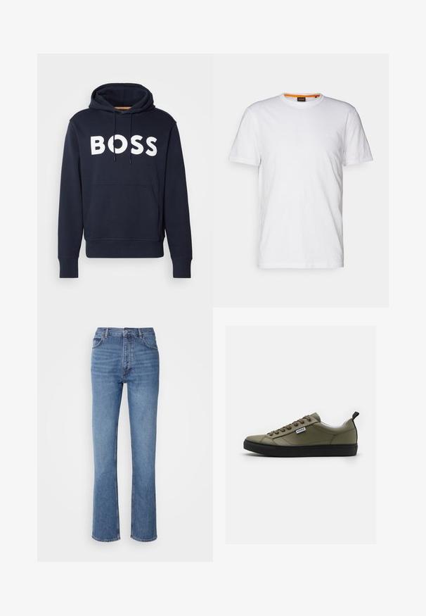 Hanorac din bumbac bleu marin, cu buzunar frontal tip kengur, logo alb "BOSS", șnur ajustabil și manșete cu țesătură elastică. Textură netedă.; Tricou alb din bumbac, cu guler rotund, mâneci scurte și un logo subtil embosat pe piept. Eticheta interioară are un accent portocaliu.; Jeans din denim albastru cu talie înaltă, design cu picior drept și decolorare subtilă. Prezintă un stil clasic cu cinci buzunare și închidere prin fermoar.; Sneaker verde din piele, cu talpă din cauciuc negru, bot rotund, șireturi în față și o eticheta mică cu logo pe lateral. Partea superioară texturată și căptușeală netedă.