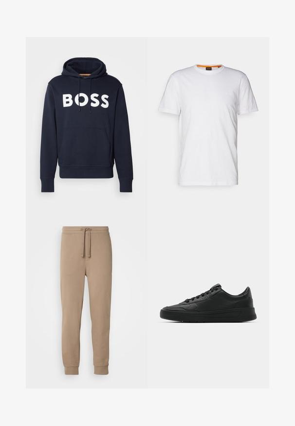 Marineblauwe katoenen hoodie met voorste kangaroozak, witte "BOSS"-logo, verstelbare koord en geribbelde boorden. Soepele textuur.; Witte katoenen T-shirt met ronde hals, korte mouwen en een subtiel reliëflogo op de borst. Het binnenlabel heeft een oranje accent.; Beige katoenen joggingbroek met een elastische tailleband, trekkoord, zijzakken en geribbelde boorden, met een gladde textuur en een taps toelopende pasvorm.; Zwarte sneaker met een glad leren bovenwerk, ronde neus, platte veters, gewatteerde kraag en minimalistisch design. Rubberen zool met een subtiel profiel.