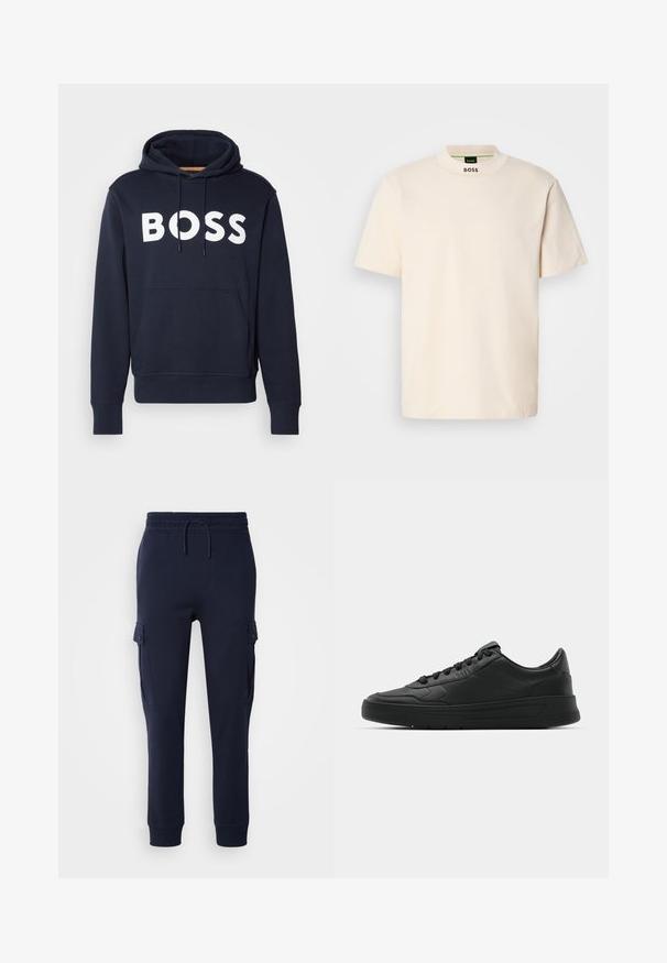 Marineblauwe katoenen hoodie met voorste kangaroozak, witte "BOSS"-logo, verstelbare koord en geribbelde boorden. Soepele textuur.; Crème kleurig T-shirt met korte mouwen en hoge kraag, met "BOSS" in het zwart gedrukt op de voorkant van de nek en op het binnenlabel.; Marineblauwe cargobroeken van soft materiaal, met een elastische tailleband, trekkoord en zijzakken met klepsluitingen.; Zwarte sneaker met een glad leren bovenwerk, ronde neus, platte veters, gewatteerde kraag en minimalistisch design. Rubberen zool met een subtiel profiel.