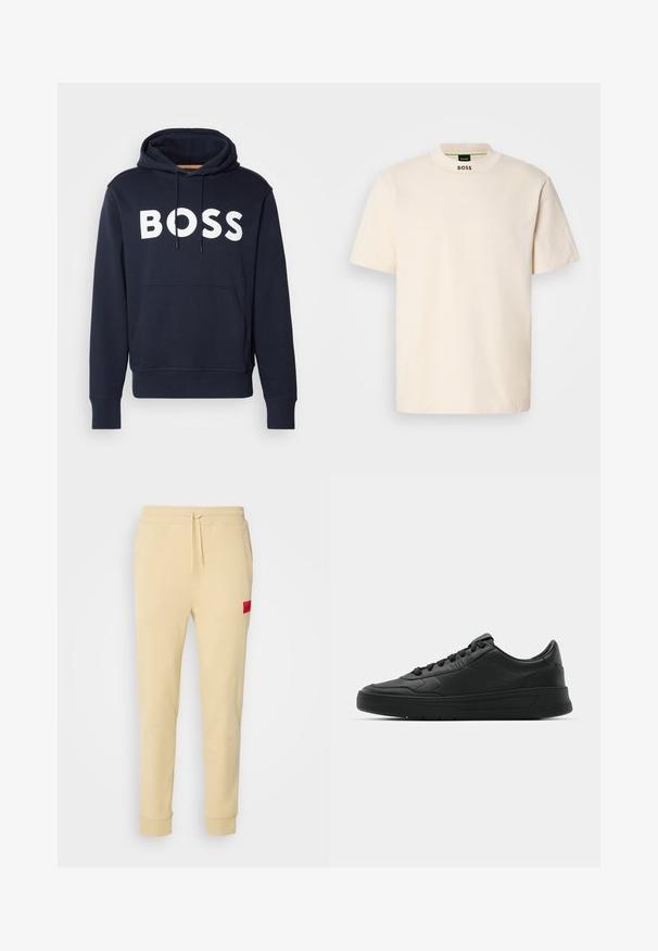 Mørkeblå bomulds-hoodie med frontlomme, hvid "BOSS"-logo, justerbar snor og ribbede manchetter. Glat tekstur.; Kremfarvet kortærmet T-shirt med høj krave, med "BOSS" trykt i sort på forsiden af kraven og indvendigt på mærket.; Beige joggerbukser lavet af blødt stof. Elastisk taljebånd med snøre, sidelommer, tætsiddende ben og et rødt logo-patch på venstre lår.; Sort sneakers med glat læderoverdel, rund tå, flade snørebånd, polstret krave og minimalistisk design. Gummisål med subtilt mønster.