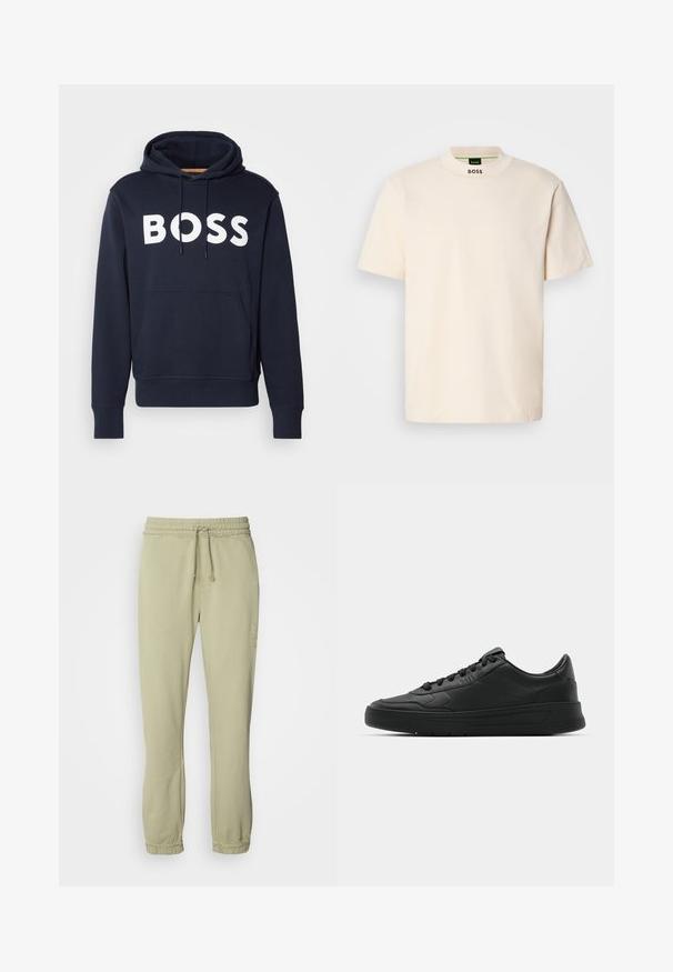 Marineblaue Baumwollkapuzenjacke mit vorderer Kängurutasche, weißem "BOSS"-Logo, verstellbarem Zugband und gerippten Bündchen. Glatte Textur.; Cremfarbener Kurzarm-T-Shirt mit hohem Kragen, auf dem die Aufschrift "BOSS" in Schwarz auf der Vorderseite des Halsausschnitts und im Etikett innen gedruckt ist.; Helle grüne Jogginghose mit elastischem Bund, verstellbarem Kordelzug und gerafften Bündchen. Hergestellt aus weichem Stoff, mit minimalistischem Design.; Schwarze Sneaker mit glattem Lederobermaterial, runder Zehenpartie, flachen Schnürsenkeln, gepolstertem Kragen und minimalistischem Design. Gummisohle mit subtiler Profilierung.