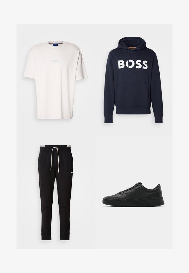 Tummansininen puuvillahuppari, jossa on etupuolella kengurupussi, valkoinen "BOSS"-logo, säädettävä nyöri ja ribattu hihansuu. Sujuva pinta.; Valkoinen puuvillainen t-paita lyhyillä hihoilla, rento malli, ja vaaleansinisellä "HUGO"-logolla keskellä. Sileä pinta, pyöreä kaula-aukko.; Musta slim-fit juoksuhousut valkoisella nauhalla, ribbireunat ja hillitty logo ylemmässä reidessä tasaisella taustalla.; Mustat lenkkitossut, joissa on sileä nahkapäällinen, pyöreä kärki, tasaiset nauhat, pehmustettu nilkka ja minimalistinen muotoilu. Kumia pohja, jossa on hillitty urakuvio.