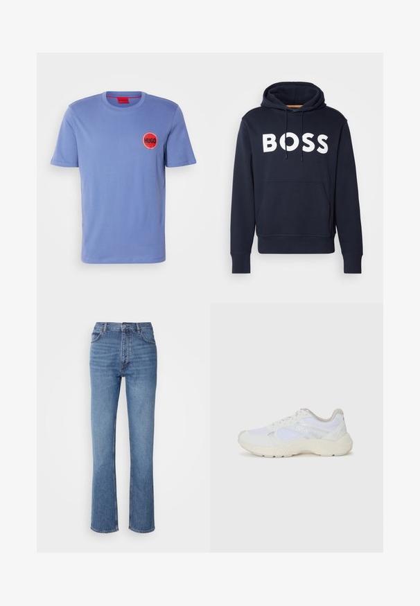 Marineblaue Baumwollkapuzenjacke mit vorderer Kängurutasche, weißem "BOSS"-Logo, verstellbarem Zugband und gerippten Bündchen. Glatte Textur.; Hellblaues Baumwoll-T-Shirt mit kurzen Ärmeln, runder Ausschnitt und einem kreisförmigen roten Logo mit dem Wort "HUGO" in Schwarz und einem karierten Rand.; Blaue Denim-Jeans mit hoher Taille, geradem Bein und dezenter Ausbleichung. Verfügt über einen klassischen Fünf-Taschen-Stil und einen Reißverschluss.; Weiße Sportschuhe aus Mesh und Wildleder, mit einer strukturierten Zwischensohle, strukturierten Akzenten und dem "HUGO"-Logo an der Seite.