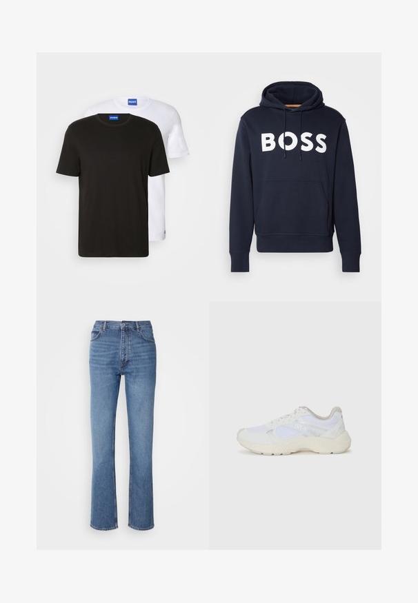 Tumesinine puuvillane kapuutsiga sviiter, ees on känguru-tasku, valge "BOSS" logo, reguleeritav nöör ja soonikkoes varrukad. Sile tekstuur.; Kaks t-särki, üks must ja üks valge, valmistatud puuvillast. Igal särgil on ümmargune kaelus ja kaelusel on sinine logo.; Sinised denim teksad kõrge vöökoha, sirge jala disaini ja kerge pleekimisega. Omavad klassikalist viit taskut ja tõmbluku sulgemist.; Valged sportlikud jalanõud, mis on valmistatud võrkkangast ja seemisnahast, sisaldavad tekstureeritud vahetald, tekstureeritud aktsentide ning küljes oleva "HUGO" logo.