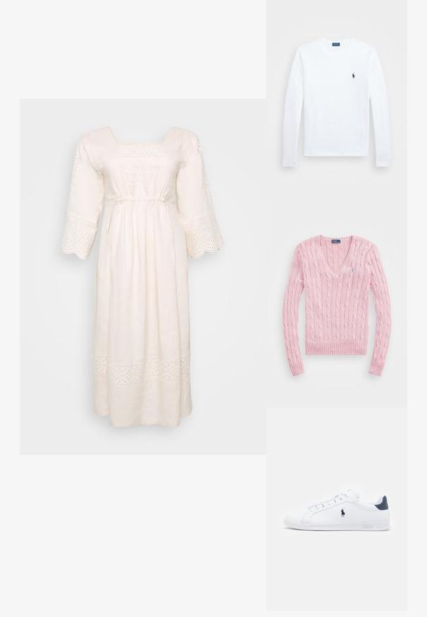Sveternik iz svetlo roza pletenine z V-izrezom, rebrastimi manšetami in robom. Ima majhen moder logotip na levem prsnem delu.; Bela lanena obleka s kvadratnim izrezom, kratkimi razširjenimi rokavi in dekorativnim čipkastim robom. Ima nabran pas in dolžino do gležnjev.; Bela dolga majica z dolgimi rokavi, bombažni material, okrogla neckline, z majhnim mornarsko modrim logotipom na levem prsnem delu. Preprost dizajn, običajen kroj.; Bele športne copate iz belega usnja z gladko površino, mornarsko modrimi detajli in majhnim logotipom na strani. Imajo ravne vezalke in teksturiran gumijast podplat.