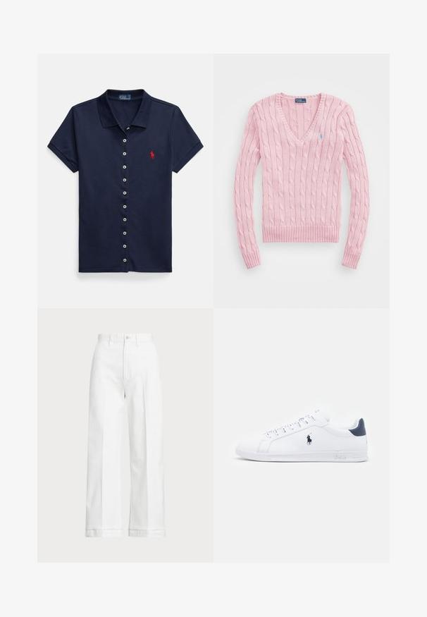 Suéter de malha em tom rosa claro com decote em V, punhos e bainha canelados. Apresenta um pequeno logótipo azul no lado esquerdo do peito.; Polo azul-marinho com abotoamento frontal, mangas curtas e logótipo vermelho no peito esquerdo. Feito de uma mistura de algodão texturada.; Calças brancas de perna larga com uma cintura alta, apresentando um fecho de botão e detalhes de costura discreta. Feitas de algodão com uma textura suave.; Tenis brancos de couro com um acabamento suave, detalhes em azul marinho e um pequeno logotipo na lateral. Possui atacadores planos e sola de borracha texturizada.