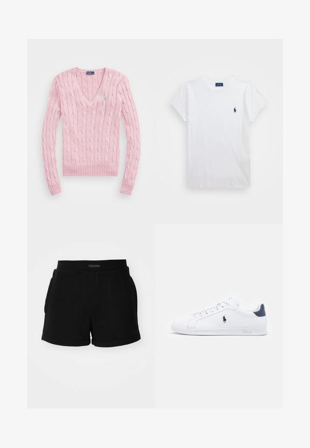 Suéter de punto trenzado rosa claro con escote en V, puños y dobladillo acanalados. Presenta un pequeño logo azul en el lado izquierdo del pecho.; Camiseta de algodón blanca de manga corta, con un pequeño logo en color marino en el lado izquierdo del pecho. Diseño sencillo con cuello redondo.; Pantalones cortos de algodón negros con una cinturilla acanalada, bolsillos laterales y un dobladillo redondeado. Logo exhibido en la cinturilla.; Zapatillas de cuero blanco con un acabado suave, detalles en azul marino y un pequeño logotipo en el costado. Cuentan con cordones planos y una suela de goma texturizada.