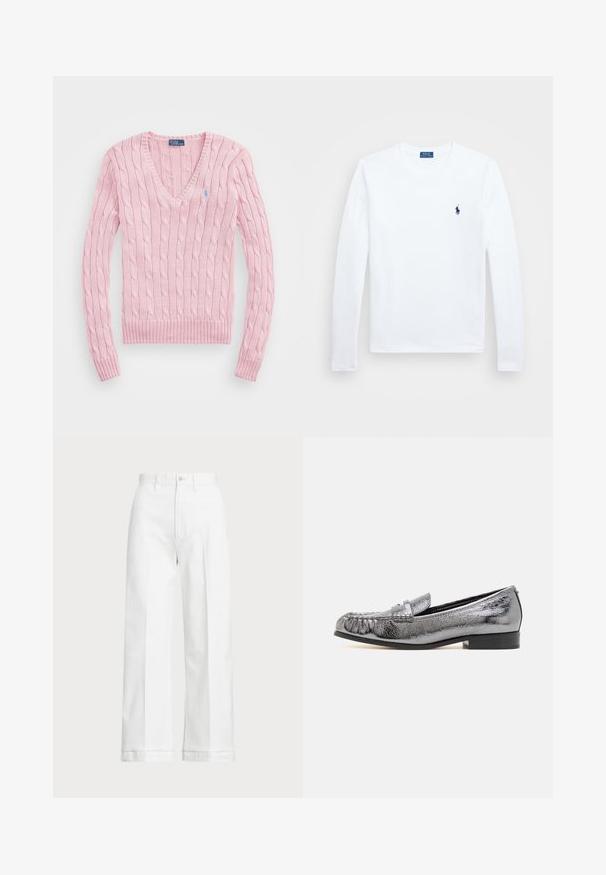 Lys rosa kabelstrikket genser med V-hals, ribbede mansjetter og kant. Har en liten blå logo på venstre bryst.; Hvit langermet skjorte, i bomullsmateriale, med rund hals, som har en liten marineblå logo på venstre bryst. Enkelt design, vanlig passform.; Hvite vidde bukser med høy midje, med knappelukking og subtile sømdetaljer. Laget av bomull med en glatt tekstur.; Metallisk sølv lærloafers med en strukturert overflate, med frynse detaljer og en lav svart hæl. Klassisk og strømlinjeformet fasong.