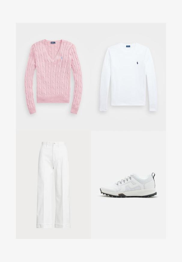 Gaišs rozā adīts džemperis ar V-veida kaklu, ribotām piedurknēm un apakšmalu. Uz kreisā krūts ir neliels zils logos.; Balta garām piedurknēm krekls, kokvilnas materiāls, apaļa dekoltē, ar nelielu tumši zilu logotipu kreisajā krūtī. Vienkāršs dizains, regulāra piegriezuma.; Baltas platās bikses ar augstu jostasvietu, ar pogu aizdari un smalkiem izšuvumiem. Izgatavotas no kokvilnas ar gludu tekstūru.; Baltas sporta apavi ar acs auduma augšdaļu, gumijas zoli, izteiktām akcentiem un melnu papēdi. Iekļauti pelēki šņores un logotipa dizains.