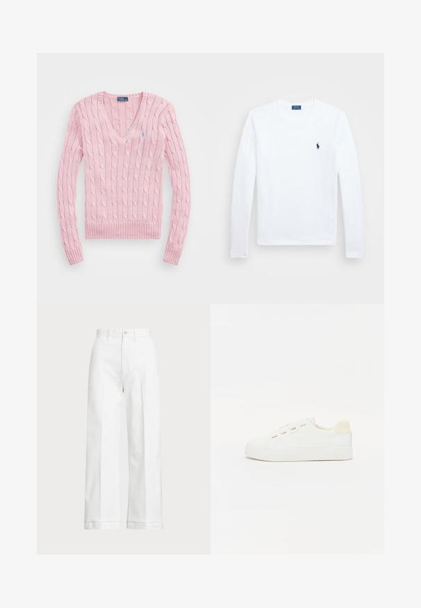 Helles rosa Kabelstrickpullover mit V-Ausschnitt, gerippten Bündchen und Saum. Mit einem kleinen blauen Logo auf der linken Brust.; Weißes Langarmshirt aus Baumwolle, runder Ausschnitt, mit kleinem blauem Logo auf der linken Brust. Einfaches Design, reguläre Passform.; Weiße Weitbein-Hosen mit hoher Taille, ausgestattet mit einem Knopfverschluss und subtilen Stickdetails. Hergestellt aus Baumwolle mit glatter Textur.; Weißer Sneaker mit Obermaterial aus Canvas, runder Zehenpartie und flacher Gummisohle. Verfügt über goldfarbene Ösen und einen hellbeigen Fersenakzent.