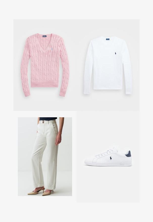 Helles rosa Kabelstrickpullover mit V-Ausschnitt, gerippten Bündchen und Saum. Mit einem kleinen blauen Logo auf der linken Brust.; Weißes Langarmshirt aus Baumwolle, runder Ausschnitt, mit kleinem blauem Logo auf der linken Brust. Einfaches Design, reguläre Passform.; Weiße weite Jeanshosen aus Denim, ausgestattet mit zwei Knöpfen, seitlichen Taschen, kontrastierenden Nähten und einer leichten Textur.; Weiße Leder-Sneaker mit glatter Oberfläche, marineblauen Akzenten und einem kleinen Logo an der Seite. Sie verfügen über flache Schnürsenkel und eine strukturierte Gummisohle.