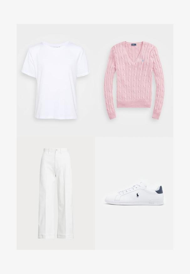 Lyserød kabelstrikket sweater med V-hals, ribbede manchetter og kant. Har et lille blåt logo på venstre bryst.; Hvid bomulds T-shirt med rund halsudskæring, korte ærmer og afslappet pasform, der har en glat tekstur og et minimalistisk design.; Hvide bredde bukser med høj talje, der har en knaplukning og subtile syninger. Fremstillet af bomuld med en glat tekstur.; Hvide lædersneakers med en glat finish, marineblå accenter og et lille logo på siden. Udstyret med flade snørebånd og struktureret gummisål.