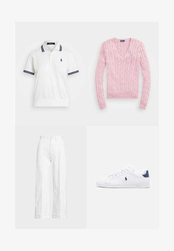 Világos rózsaszín, kábelmintás pulóver V-nyakkal, bordás mandzsettákkal és aljjal. A bal mellrészen egy kis kék logó található.; Fehér póló, navy csíkos gallérral és ujjal; kis navy logó található a bal mellen. Sima textúra és rövid ujjak.; Fehér, bő szárú nadrág magas derekú szabással, gombos záródással és diszkrét varrási részletekkel. Pamutból készült, sima tapintással.; Fehér bőr sportcipők sima felülettel, tengerészkék részletekkel és egy kis logóval az oldalukon. Lapos fűzőkkel és texturált gumi talppal rendelkezik.