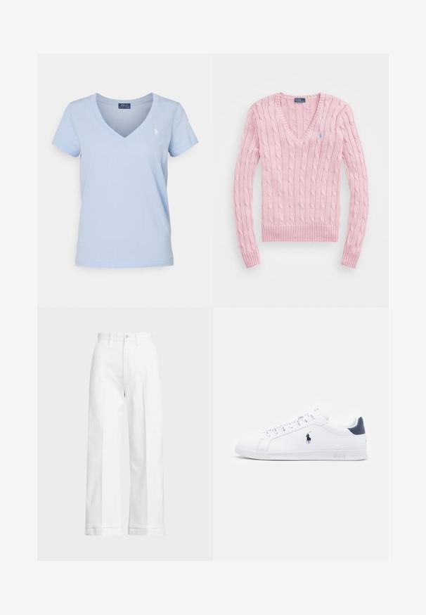 Gaišs rozā adīts džemperis ar V-veida kaklu, ribotām piedurknēm un apakšmalu. Uz kreisā krūts ir neliels zils logos.; Polo Ralph Lauren COTTON JERSEY V-NECK T-SHIRT - Pamata T-krekls - office blue; Baltas platās bikses ar augstu jostasvietu, ar pogu aizdari un smalkiem izšuvumiem. Izgatavotas no kokvilnas ar gludu tekstūru.; Baltas ādas sporta apavi ar gludu virsmu, jūras zila akcenti un neliels zīmols sānos. Aprīkoti ar plakaniem aukliņām un strukturētu gumijas zoli.