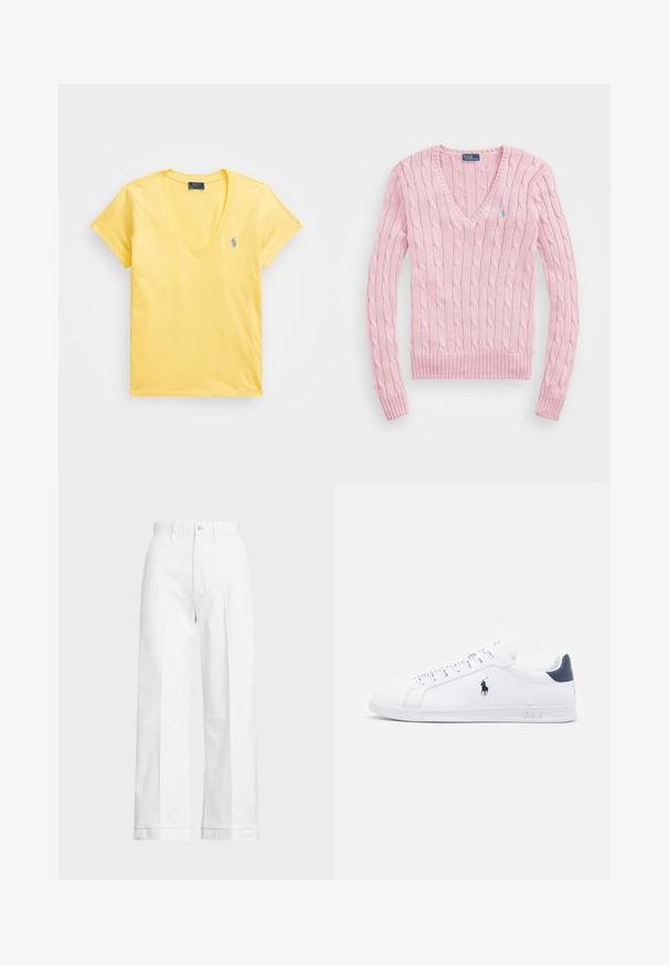 Svetle růžový svetr s kabelovým pletením a V-výstřihem, s žebrovanými manžetami a spodním lemem. Na levém prsu má malou modrou logovou nášivku.; Polo Ralph Lauren COTTON JERSEY V-NECK T-SHIRT - Jednoduché tričko - corn yellow; Bílé kalhoty s širokými nohavicemi a vysokým pasem, s knoflíkovým zapínáním a jemnými detaily prošívání. Vyrobené z bavlny s hladkou texturou.; Bílé kožené tenisky s hladkým povrchem, námořnickými akcenty a malým logem na boku. Mají ploché tkaničky a texturovanou gumovou podrážku.