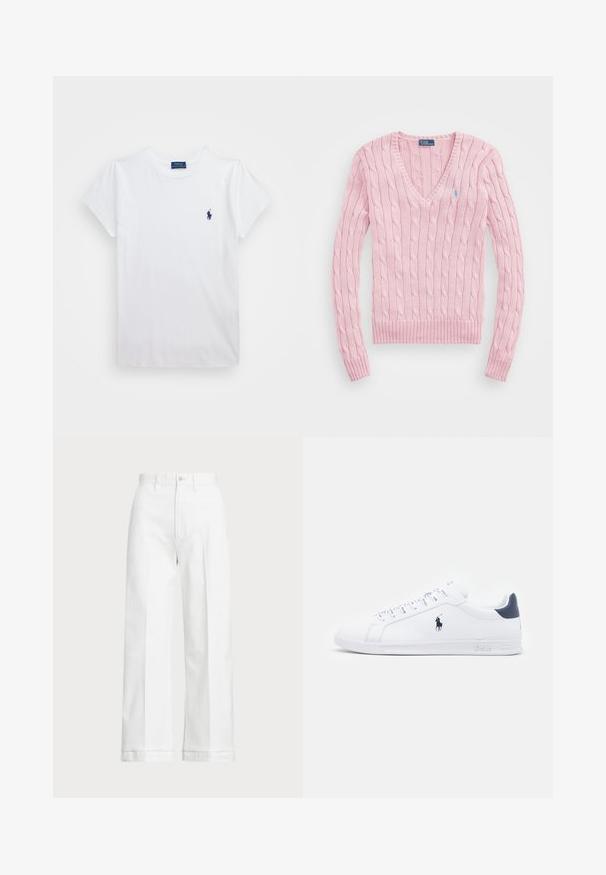 Lys rosa kabelstrikket genser med V-hals, ribbede mansjetter og kant. Har en liten blå logo på venstre bryst.; Hvit bomulls T-skjorte med korte ermer, med en liten marineblå logo på venstre bryst. Enkelt design med rund hals.; Hvite vidde bukser med høy midje, med knappelukking og subtile sømdetaljer. Laget av bomull med en glatt tekstur.; Hvite lær sneakers med en glatt overflate, marineblå detaljer og en liten logo på siden. Har flate lisser og strukturet gummisåle.
