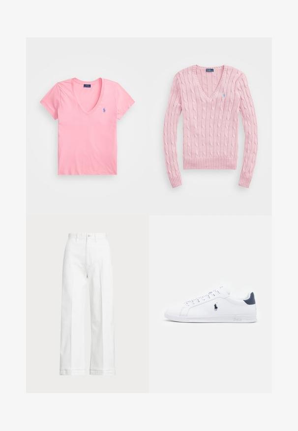 Világos rózsaszín, kábelmintás pulóver V-nyakkal, bordás mandzsettákkal és aljjal. A bal mellrészen egy kis kék logó található.; Világos rózsaszín V-nyakú pamut póló, rövid ujjal, a bal mellen egy kis kék hímzett logóval.; Fehér, bő szárú nadrág magas derekú szabással, gombos záródással és diszkrét varrási részletekkel. Pamutból készült, sima tapintással.; Fehér bőr sportcipők sima felülettel, tengerészkék részletekkel és egy kis logóval az oldalukon. Lapos fűzőkkel és texturált gumi talppal rendelkezik.