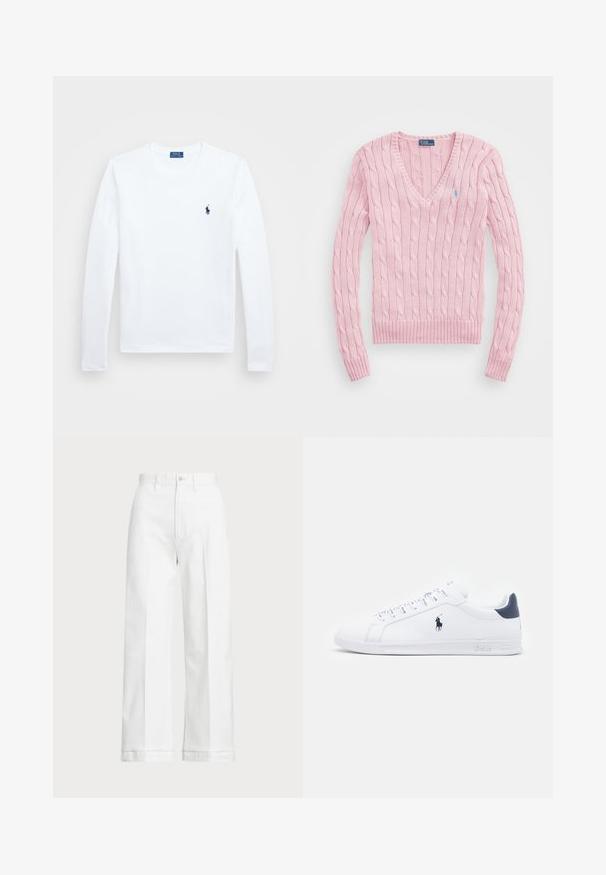 Világos rózsaszín, kábelmintás pulóver V-nyakkal, bordás mandzsettákkal és aljjal. A bal mellrészen egy kis kék logó található.; Fehér hosszúujjú póló, pamut anyagból, kerek nyakkivágással, bal mellen kis sötétkék logóval. Egyszerű dizájn, normál szabású.; Fehér, bő szárú nadrág magas derekú szabással, gombos záródással és diszkrét varrási részletekkel. Pamutból készült, sima tapintással.; Fehér bőr sportcipők sima felülettel, tengerészkék részletekkel és egy kis logóval az oldalukon. Lapos fűzőkkel és texturált gumi talppal rendelkezik.