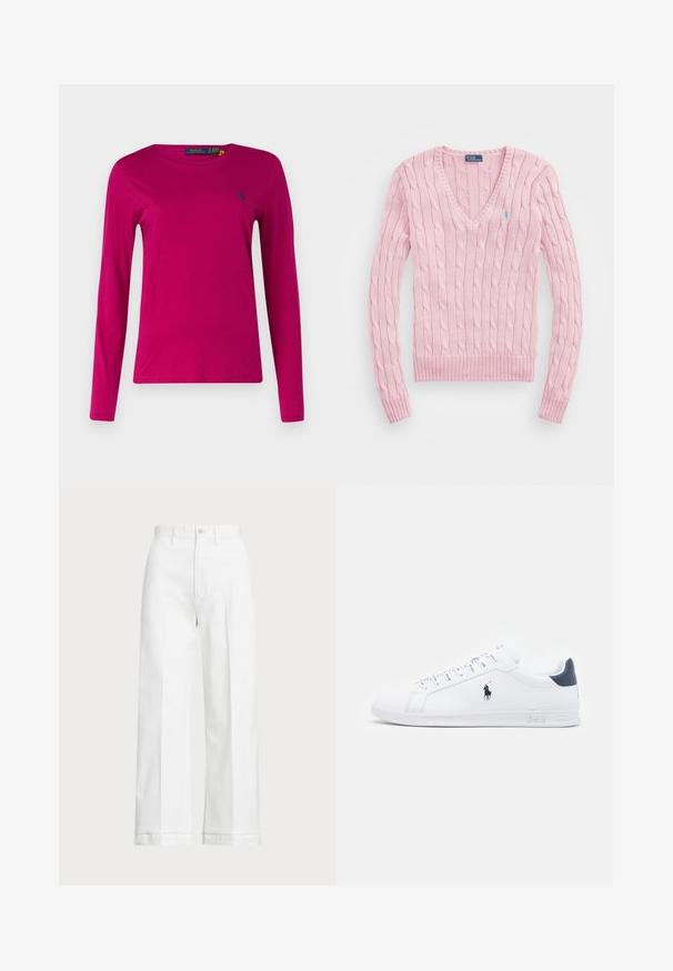 Lys rosa kabelstrikket genser med V-hals, ribbede mansjetter og kant. Har en liten blå logo på venstre bryst.; Polo Ralph Lauren LONG SLEEVE - Topper langermet - fuschia berry; Hvite vidde bukser med høy midje, med knappelukking og subtile sømdetaljer. Laget av bomull med en glatt tekstur.; Hvite lær sneakers med en glatt overflate, marineblå detaljer og en liten logo på siden. Har flate lisser og strukturet gummisåle.
