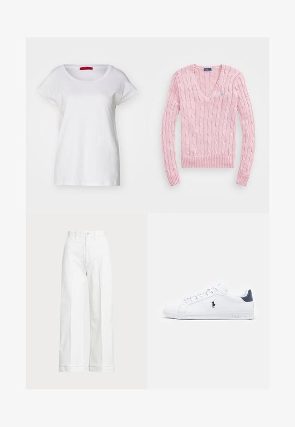 Helles rosa Kabelstrickpullover mit V-Ausschnitt, gerippten Bündchen und Saum. Mit einem kleinen blauen Logo auf der linken Brust.; MAX&Co. MALDIVE - T-Shirt basic - weiss; Weiße Weitbein-Hosen mit hoher Taille, ausgestattet mit einem Knopfverschluss und subtilen Stickdetails. Hergestellt aus Baumwolle mit glatter Textur.; Weiße Leder-Sneaker mit glatter Oberfläche, marineblauen Akzenten und einem kleinen Logo an der Seite. Sie verfügen über flache Schnürsenkel und eine strukturierte Gummisohle.