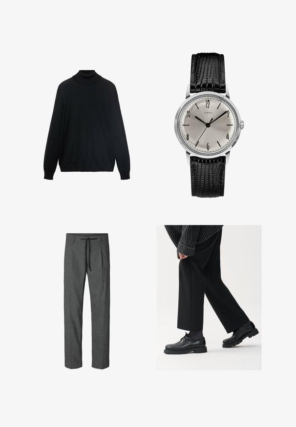 Czarny sweter z golfem, o dopasowanym kołnierzu, długich rękawach oraz ściągaczach przy mankietach i dolnym brzegu. Wykonany z miękkiej, elastycznej tkaniny o gładkiej fakturze.; Jasnoniebieska, długosleeve koszula z gładkiego materiału, z zapięciem na guziki, wywijanym kołnierzykiem i regularnym krojem.; Szare spodni dostosowane w eleganckim stylu z teksturowanym wzorem, z elastycznym paskiem w talii i dwoma bocznymi kieszeniami. Prosty krój nogawek, bez mankietów.; Czarne skórzane buty z okrągłym noskiem, sznurowanym zapięciem i grubą, fakturowaną podeszwą. Noszone z dopasowanymi czarnymi spodniami i swetrem z prążkowanej tkaniny.; Zegarek na rękę Timex z srebrną tarczą, czarnymi znacznikami godzin i stalową kopertą. Posiada teksturowany czarny skórzany pasek. Prosty, elegancki design.