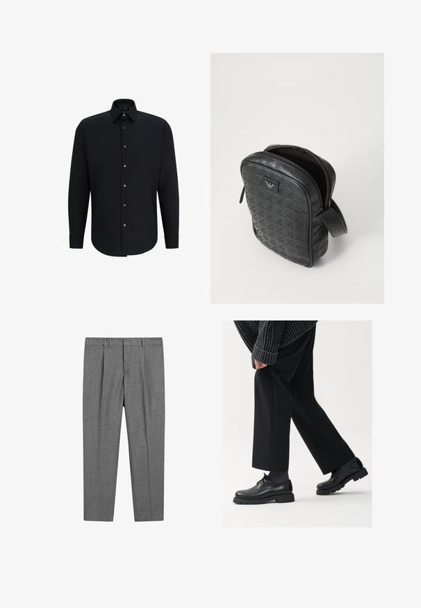 Zwarte coltrui met een strakke kraag, lange mouwen en geribde manchetten en zoom. Gemaakt van zacht, rekbaar materiaal met een gladde textuur.; Zwarte longsleeve shirt van gladde stof, met een puntige kraag en een knoopsluiting aan de voorkant met zes metalen knopen en verstelbare manchetten.; Grijze op maat gemaakte broek met een gestructureerde stof, voorzien van een platte voorkant, geplooide benen, riemlussen en een standaard tailleband.; Zwarte leren schoenen met een afgeronde neus, vetersluiting en een dikke, getextureerde zool. Draagt een gepaste zwarte broek en een geribbelde trui.; Zwarte, gestructureerde leren tas met een geometrisch patroon, rechthoekige vorm, bovenrits en een kort handvat. Heeft een logo-opdruk aan de voorkant.; Timex polshorloge met een zilveren wijzerplaat, zwarte uurmarkeringen en stalen kast. Het heeft een geëtste zwarte leren band. Eenvoudig, elegant ontwerp.