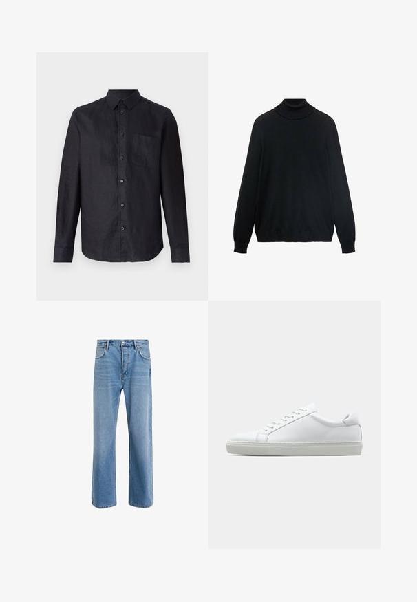 Zwarte coltrui met een strakke kraag, lange mouwen en geribde manchetten en zoom. Gemaakt van zacht, rekbaar materiaal met een gladde textuur.; Zwarte longsleeve shirt van textuurstof, met een knoopsluiting aan de voorkant, een klassieke kraag en een patch pocket op de linkerborst.; Lichtblauwe denim jeans met een straight-leg ontwerp, vijf zakken, knoopsluiting, minimale vervaging en contrasterende stikseldetails.; Witte sneaker met een gladlederen bovenwerk en een laag profiel. Voorzien van een ronde neus, zes vetergaatjes en een gestructureerde rubberen zool.