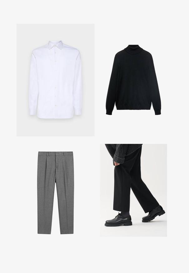 Zwarte coltrui met een strakke kraag, lange mouwen en geribde manchetten en zoom. Gemaakt van zacht, rekbaar materiaal met een gladde textuur.; Witte lange mouwen blouse van gladde katoen met een puntige kraag en zes knopen aan de voorkant, met standaard mouwen.; Grijze op maat gemaakte broek met een gestructureerde stof, voorzien van een platte voorkant, geplooide benen, riemlussen en een standaard tailleband.; Zwarte leren schoenen met een afgeronde neus, vetersluiting en een dikke, getextureerde zool. Draagt een gepaste zwarte broek en een geribbelde trui.