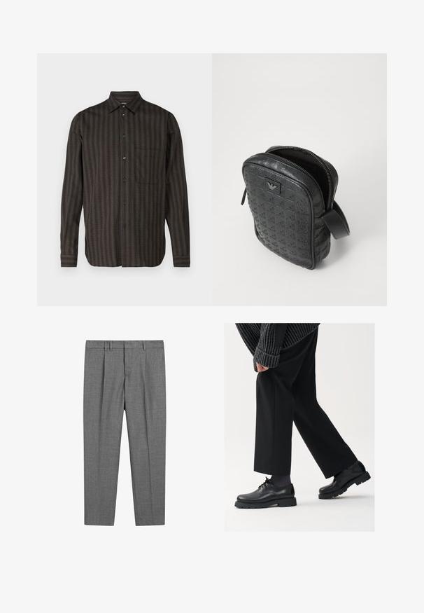 Černý rolák s přiléhavým límcem, dlouhými rukávy a žebrovanými manžetami a lemem. Vyrobeno z měkké, elastické látky s hladkou texturou.; Košile s dlouhým rukávem v tmavě zeleném plaid vzoru, s knoflíkovým zapínáním, jednoho náprsního kapsou, vyrobená z texturované látky s jemnými pruhy.; Šedé upravené kalhoty s texturovanou strukturou, s plochým předním dílem, nažehlenými nohavicemi, s poutky na opasek a standardním pasem.; Černé kožené boty s kulatou špičkou, šněrovací design a silnou strukturovanou podrážkou. Noseny s dobře padnoucími černými kalhotami a žebrovaným svetr.; Černá, texturovaná kožená taška s geometrickým vzorem, obdélníkového tvaru, s horním zipem a krátkým uchem. Na přední straně se nachází logo.; Hodinky Timex s stříbrným ciferníkem, černými hodinovými značkami a ocelovým pouzdrem. Disponují strukturálním černým koženým náramkem. Jednoduchý, elegantní design.