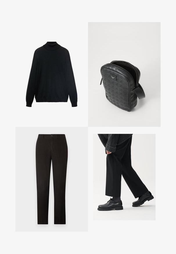 Zwarte coltrui met een strakke kraag, lange mouwen en geribde manchetten en zoom. Gemaakt van zacht, rekbaar materiaal met een gladde textuur.; Zwarte katoenen t-shirt met een klassieke ronde hals, korte mouwen en een comfortabele pasvorm. Gladde textuur, zonder patronen of versieringen.; 120% Lino MEN PANT - Broek - black; Zwarte leren schoenen met een afgeronde neus, vetersluiting en een dikke, getextureerde zool. Draagt een gepaste zwarte broek en een geribbelde trui.; Zwarte, gestructureerde leren tas met een geometrisch patroon, rechthoekige vorm, bovenrits en een kort handvat. Heeft een logo-opdruk aan de voorkant.