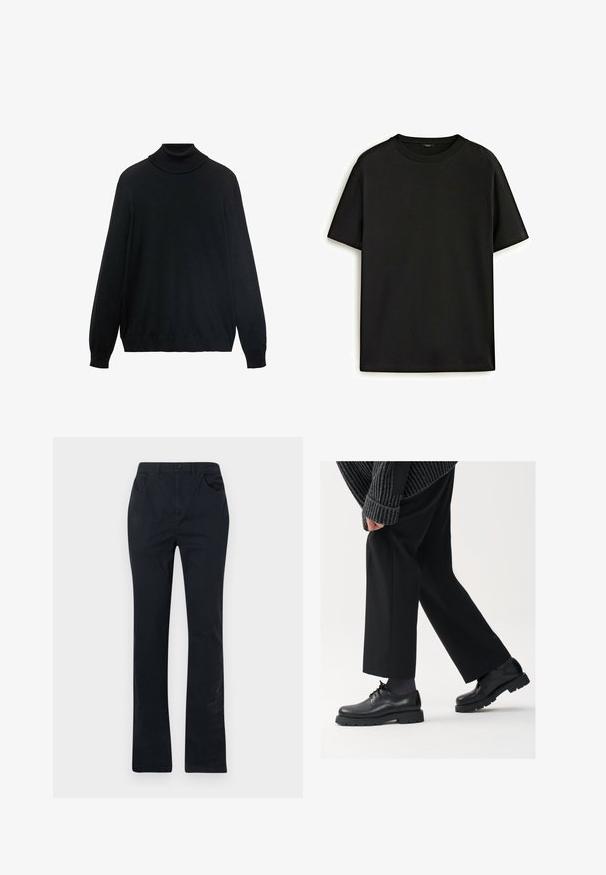 Černý rolák s přiléhavým límcem, dlouhými rukávy a žebrovanými manžetami a lemem. Vyrobeno z měkké, elastické látky s hladkou texturou.; Černé bavlněné tričko s klasickým kulatým výstřihem, krátkými rukávy a volným střihem. Hladká textura, bez vzorů nebo ozdob.; Tmavě modré bavlněné kalhoty s rovnými nohavicemi, které mají dvě přední kapsy, zapínání na knoflík a minimalistické detaily šití.; Černé kožené boty s kulatou špičkou, šněrovací design a silnou strukturovanou podrážkou. Noseny s dobře padnoucími černými kalhotami a žebrovaným svetr.