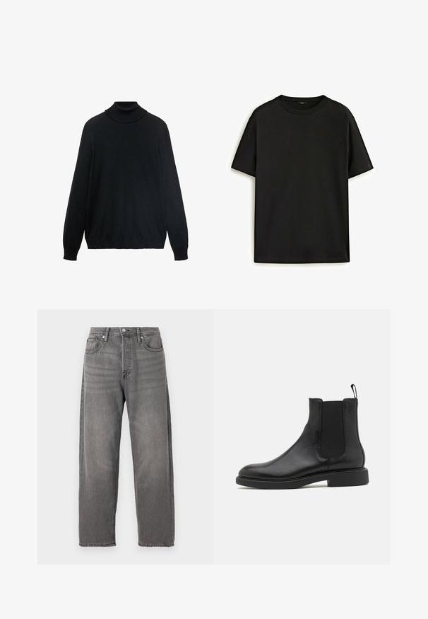 Zwarte coltrui met een strakke kraag, lange mouwen en geribde manchetten en zoom. Gemaakt van zacht, rekbaar materiaal met een gladde textuur.; Zwarte katoenen t-shirt met een klassieke ronde hals, korte mouwen en een comfortabele pasvorm. Gladde textuur, zonder patronen of versieringen.; Grijze denim jeans met een ruime pasvorm, rechte pijpen, vijf-pocket ontwerp en metalen knoopsluiting. Kenmerkt zich door een vervaagde textuur en subtiele stiksels.; Zwarte leren enkelboot met een gladde textuur, elastische zijpanelen en een trekhaak. Ronde neus en platte rubberen zool met minimale profiel.