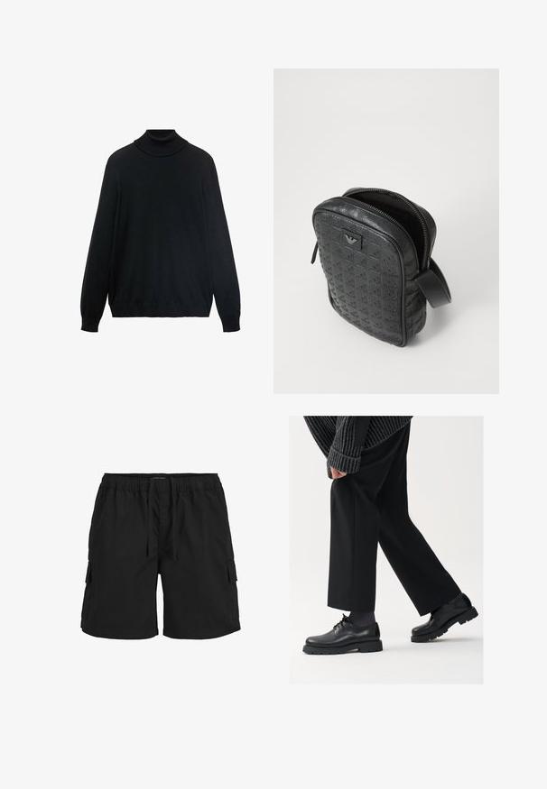 Zwarte coltrui met een strakke kraag, lange mouwen en geribde manchetten en zoom. Gemaakt van zacht, rekbaar materiaal met een gladde textuur.; Zwarte katoenen t-shirt met een klassieke ronde hals, korte mouwen en een comfortabele pasvorm. Gladde textuur, zonder patronen of versieringen.; Zwarte cargoshorts met een elastische tailleband, koord, zijzakken en een gestructureerde stof. Ontworpen voor comfort en functionaliteit.; Zwarte leren schoenen met een afgeronde neus, vetersluiting en een dikke, getextureerde zool. Draagt een gepaste zwarte broek en een geribbelde trui.; Zwarte, gestructureerde leren tas met een geometrisch patroon, rechthoekige vorm, bovenrits en een kort handvat. Heeft een logo-opdruk aan de voorkant.; Timex polshorloge met een zilveren wijzerplaat, zwarte uurmarkeringen en stalen kast. Het heeft een geëtste zwarte leren band. Eenvoudig, elegant ontwerp.