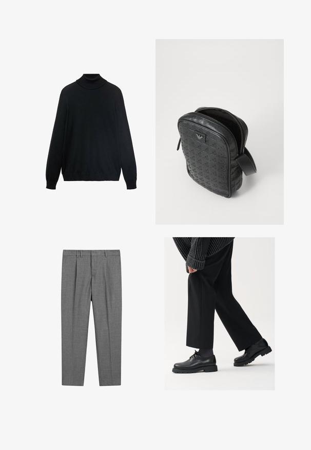 Maglione a collo alto nero con un colletto aderente, maniche lunghe e polsini e orlo a coste. Realizzato in tessuto morbido ed elastico con una texture liscia.; T-shirt in cotone nero con collo rotondo classico, maniche corte e vestibilità rilassata. Tessuto morbido, senza fantasie o decorazioni.; Pantaloni grigi su misura con un tessuto strutturato, dotati di fronte piatto, gambe con pieghe, passanti per cintura e vita standard.; Scarpe in pelle nera con punta arrotondata, design con lacci e suola spessa e texture. Indossate con pantaloni neri su misura e un maglione a coste.; Borsa nera in pelle testurizzata con un motivo geometrico, forma rettangolare, cerniera superiore e manico corto. Presenta un'etichetta del logo sul davanti.; Orologio Timex con quadrante argentato, indici neri e cassa in acciaio. Presenta un cinturino in pelle nera texture. Design semplice ed elegante.