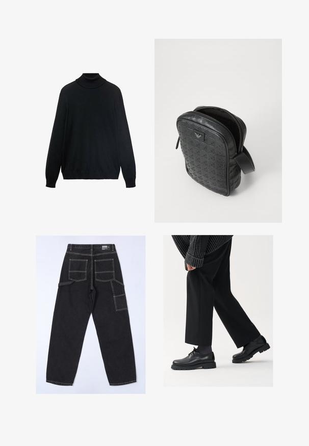 Schwarzer Rollkragenpullover mit engem Kragen, langen Ärmeln und gerippten Bündchen und Saum. Hergestellt aus weichem, dehnbarem Stoff mit glatter Textur.; Schwarzes Baumwoll-T-Shirt mit klassischem Rundhalsausschnitt, kurzen Ärmeln und lockerer Passform. Glatte Textur, keine Muster oder Verzierungen.; Schwarze Denim-Hosen mit lockerer Passform, ausgestattet mit mehreren Taschen, sichtbaren Nähten und geradem Bein-Design.; Schwarze Lederschuhe mit einer runden Spitze, Schnürdesign und dicker, strukturierter Sohle. Getragen mit maßgeschneiderten schwarzen Hosen und einem gerippten Pullover.; Schwarz, strukturiert, Lederhandtasche mit geometrischem Muster, rechteckiger Form, oberem Reißverschluss und kurzem Tragegriff. Verfügt über ein Logo-Patch auf der Vorderseite.; Timex-Armbanduhr mit silbernem Zifferblatt, schwarzen Stundenmarkierungen und Stahlgehäuse. Sie verfügt über ein strukturiertes schwarzes Lederarmband. Einfaches, elegantes Design.