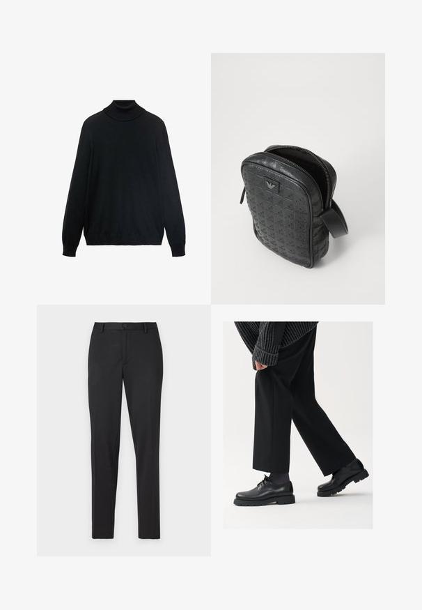 Czarny sweter z golfem, o dopasowanym kołnierzu, długich rękawach oraz ściągaczach przy mankietach i dolnym brzegu. Wykonany z miękkiej, elastycznej tkaniny o gładkiej fakturze.; Czarny bawełniany t-shirt z klasycznym okrągłym dekoltem, krótkimi rękawami i luźnym krojem. Gładka faktura, bez wzorów ani ozdób.; Czarne spodnie o dopasowanym kroju wykonane z gładkiego materiału, z prostymi nogawkami, pojedynczym zapięciem na guzik oraz dyskretnymi kieszeniami.; Czarne skórzane buty z okrągłym noskiem, sznurowanym zapięciem i grubą, fakturowaną podeszwą. Noszone z dopasowanymi czarnymi spodniami i swetrem z prążkowanej tkaniny.; Czarna, teksturowana skórzana torba o geometrycznym wzorze, prostokątnym kształcie, z górnym zamkiem błyskawicznym i krótkim uchwytem. Posiada naszywkę z logo z przodu.