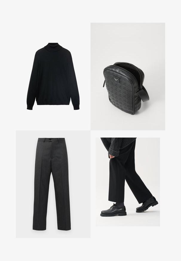 Czarny sweter z golfem, o dopasowanym kołnierzu, długich rękawach oraz ściągaczach przy mankietach i dolnym brzegu. Wykonany z miękkiej, elastycznej tkaniny o gładkiej fakturze.; Czarny bawełniany t-shirt z klasycznym okrągłym dekoltem, krótkimi rękawami i luźnym krojem. Gładka faktura, bez wzorów ani ozdób.; Ciemnoszare formalne spodnie z zakładkami z przodu, z pętelkami na pasek i zapięciem na guzik w talii, wyeksponowane na jednolitym białym tle.; Czarne skórzane buty z okrągłym noskiem, sznurowanym zapięciem i grubą, fakturowaną podeszwą. Noszone z dopasowanymi czarnymi spodniami i swetrem z prążkowanej tkaniny.; Czarna, teksturowana skórzana torba o geometrycznym wzorze, prostokątnym kształcie, z górnym zamkiem błyskawicznym i krótkim uchwytem. Posiada naszywkę z logo z przodu.; Zegarek na rękę Timex z srebrną tarczą, czarnymi znacznikami godzin i stalową kopertą. Posiada teksturowany czarny skórzany pasek. Prosty, elegancki design.